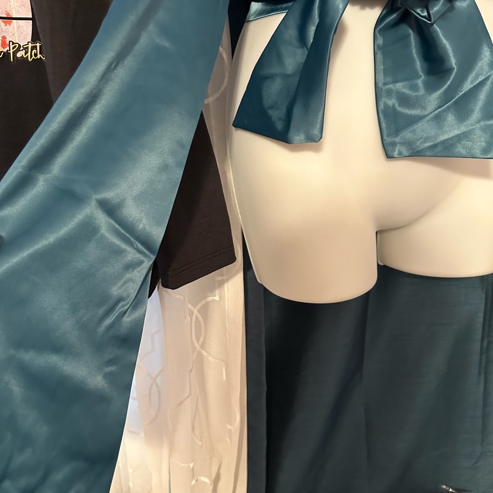 Lulu's Satin Blouse in Deep Teal with Long Sleeves and Open Back and Bow Tie - Picture 7 of 12